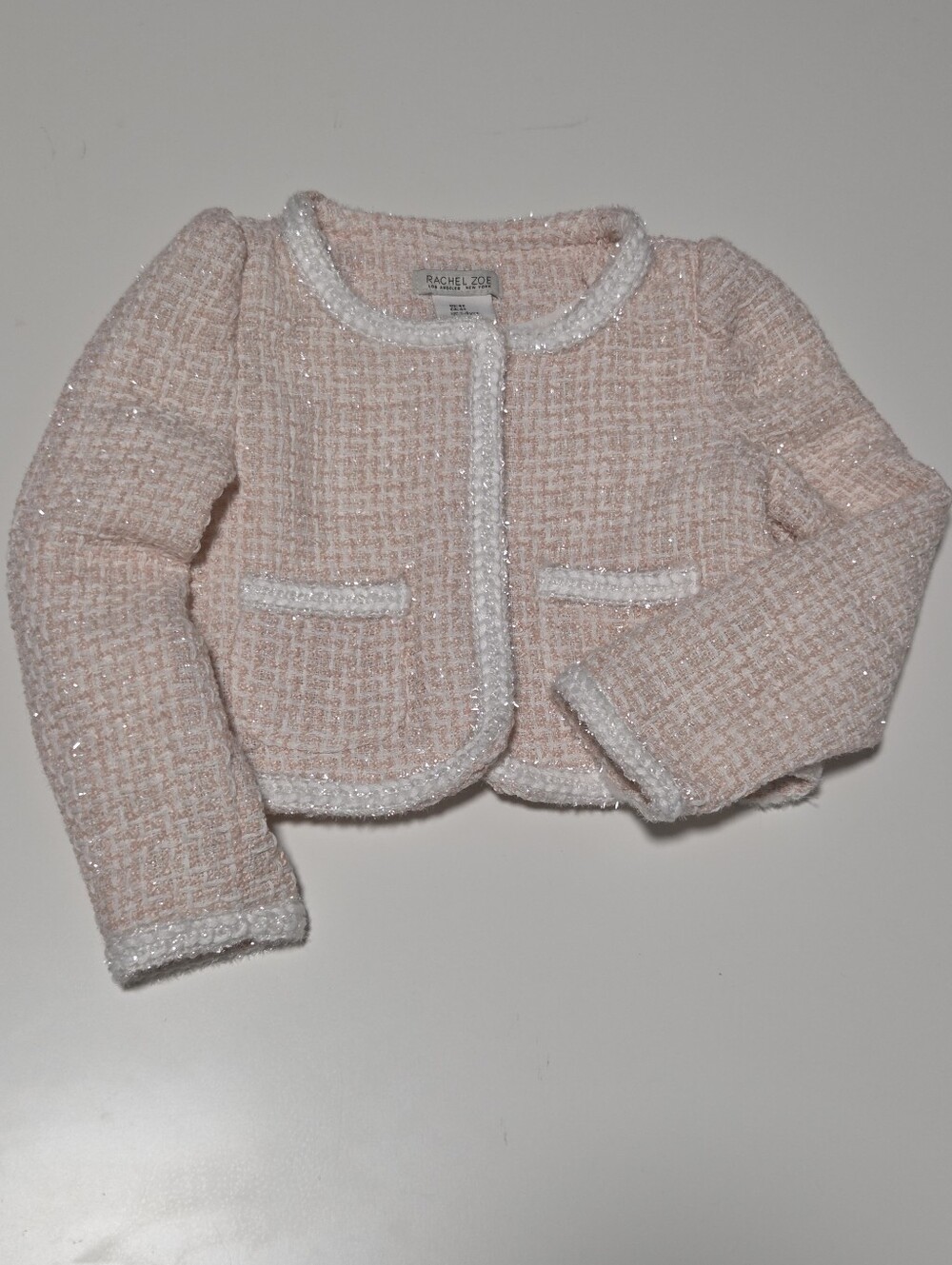 Rachel Zoe Pink Textured Tweed Cropped Open Front Jacket Girls 4T